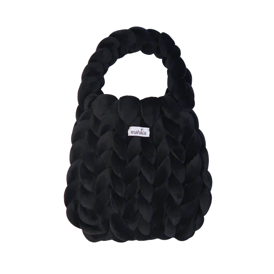 Black braided and finger knitted hand bag with a visible brand label on a white background