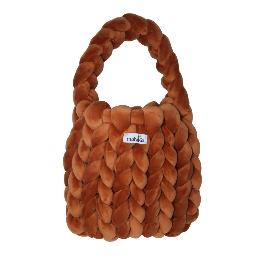 Chestnut brown braided and finger crocheted bag with 'mahika' label on a white background