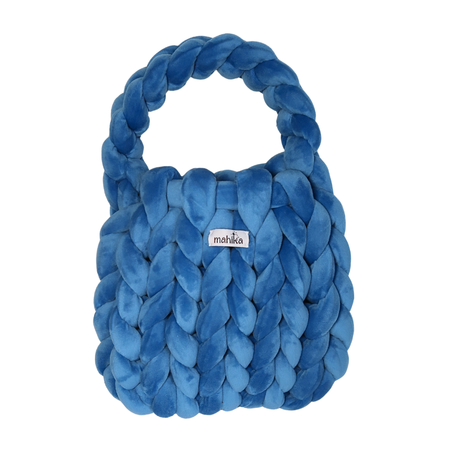 Blue braided and finger knitted hand bag with 'mahika' branding on a white background