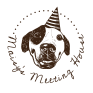 Logo of a dog wearing a party hat with text 'Maisy's Meeting House' around it.